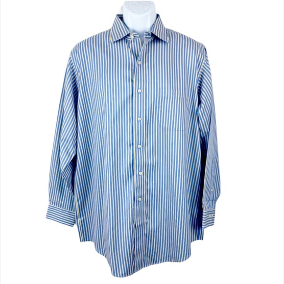 Brooks Brothers Dress Shirt Men 16-2/3 Blue Yellow Stripe Long Sleeve Button Dow - Picture 1 of 9